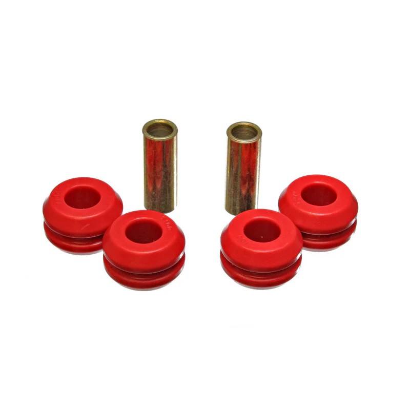 Red Energy Suspension Hyper-Flex polyurethane front strut rod bushings for 1987-1997 Nissan trucks and SUVs.