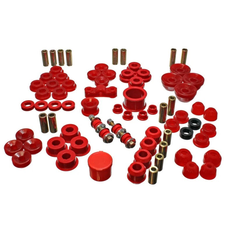 Red Energy Suspension Hyper-Flex polyurethane master bushing kit components for 1990-1993 Acura Integra.