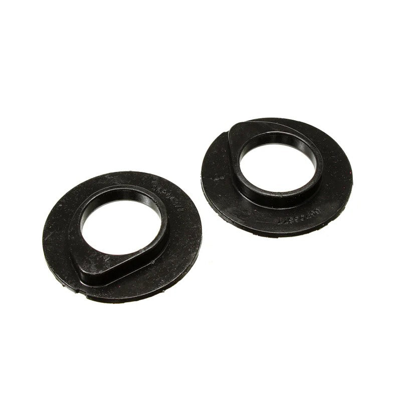 Pair of black Energy Suspension Hyper-Flex front coil spring isolators for 1990-1996 Ford F-150 and Bronco.