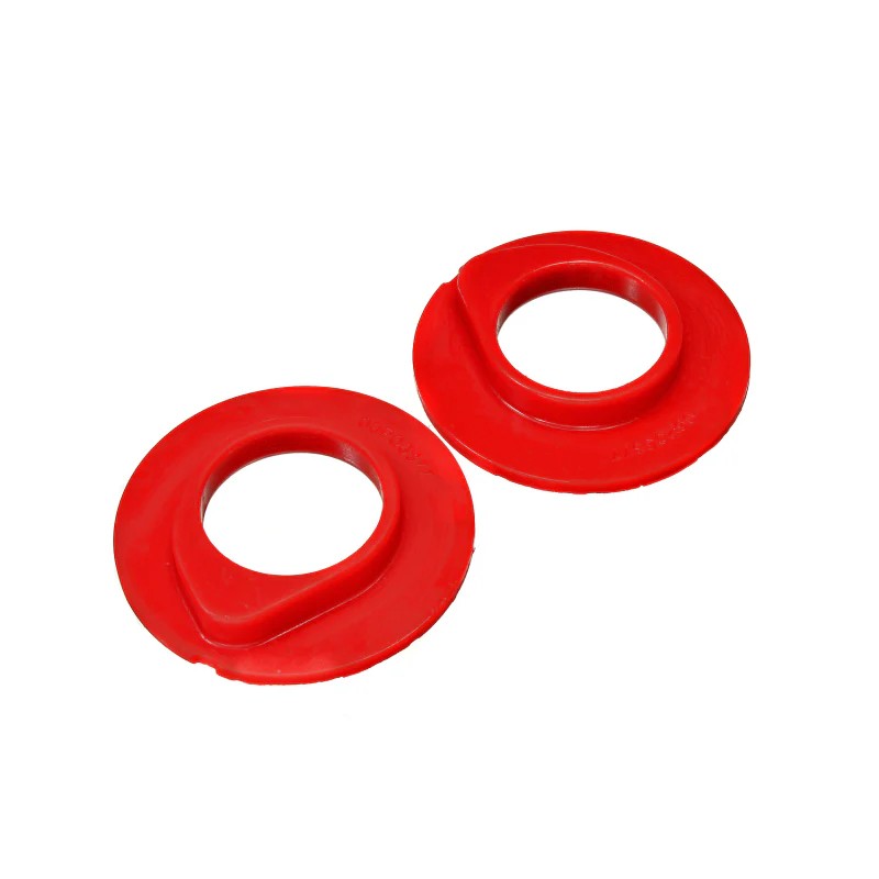 Red Energy Suspension Hyper-Flex polyurethane front coil spring isolators for 1990-1996 Ford F-150 and Bronco.