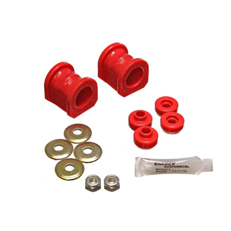 Pair of Energy Suspension red 27mm Hyper-Flex polyurethane front sway bar frame bushings for Nissan Sentra and NX.