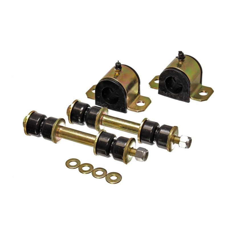 Energy Suspension 8.5123G black 25mm polyurethane front sway bar bushings and mounting hardware.