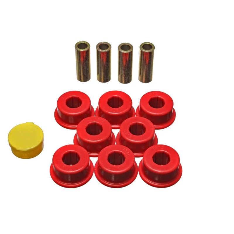 Energy Suspension 8.3118R Red Hyper-Flex polyurethane rear control arm bushing set.
