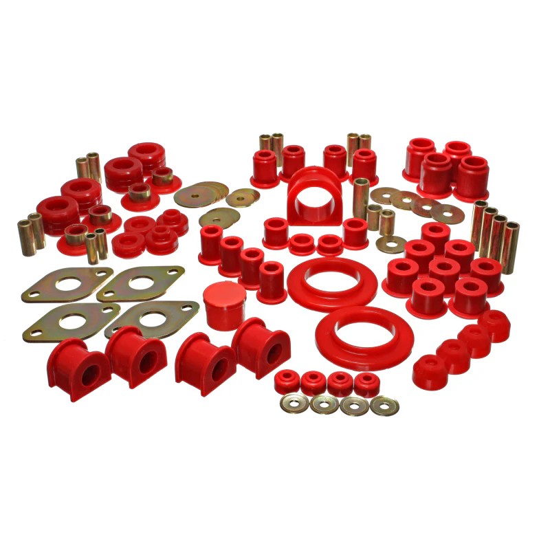 Red Energy Suspension Hyper-Flex polyurethane master bushing kit components for 1995-2000 Toyota Tacoma.