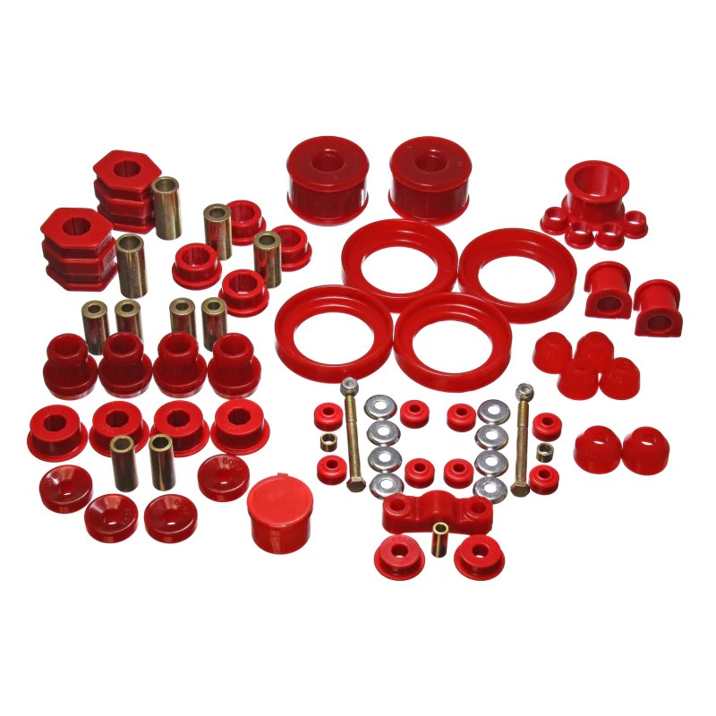 Red polyurethane suspension bushings from the Energy Suspension Hyper-Flex Master Set 16.18110R.