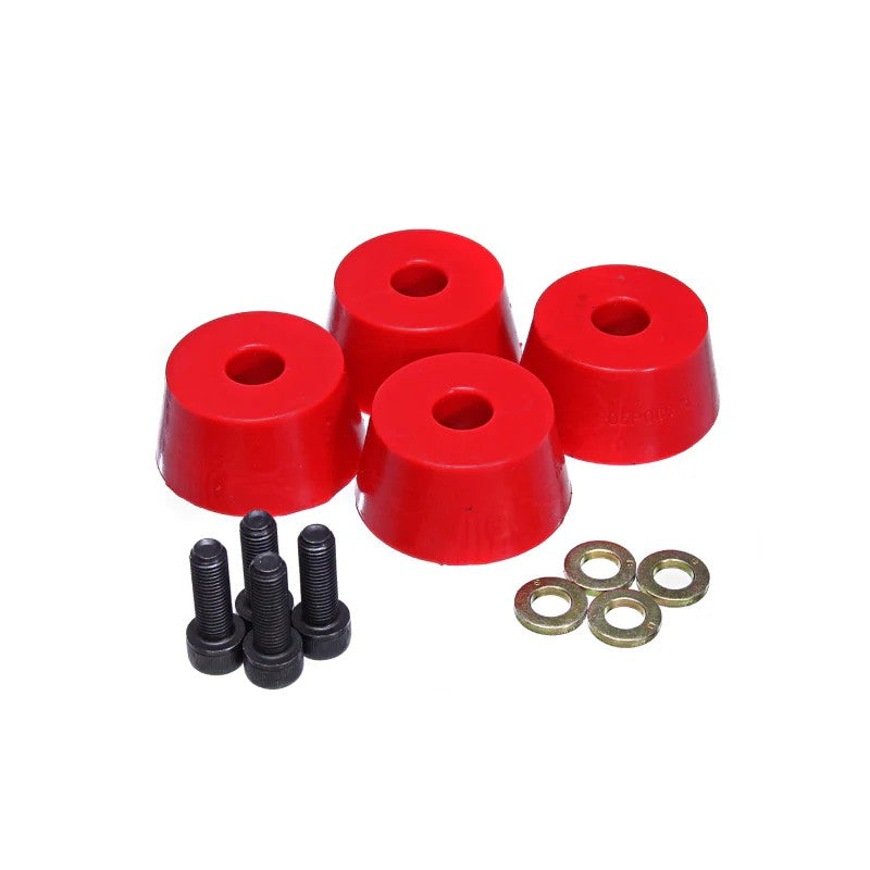 Red Energy Suspension Hyper-Flex polyurethane front bump stop set with integrated metal mounting plates