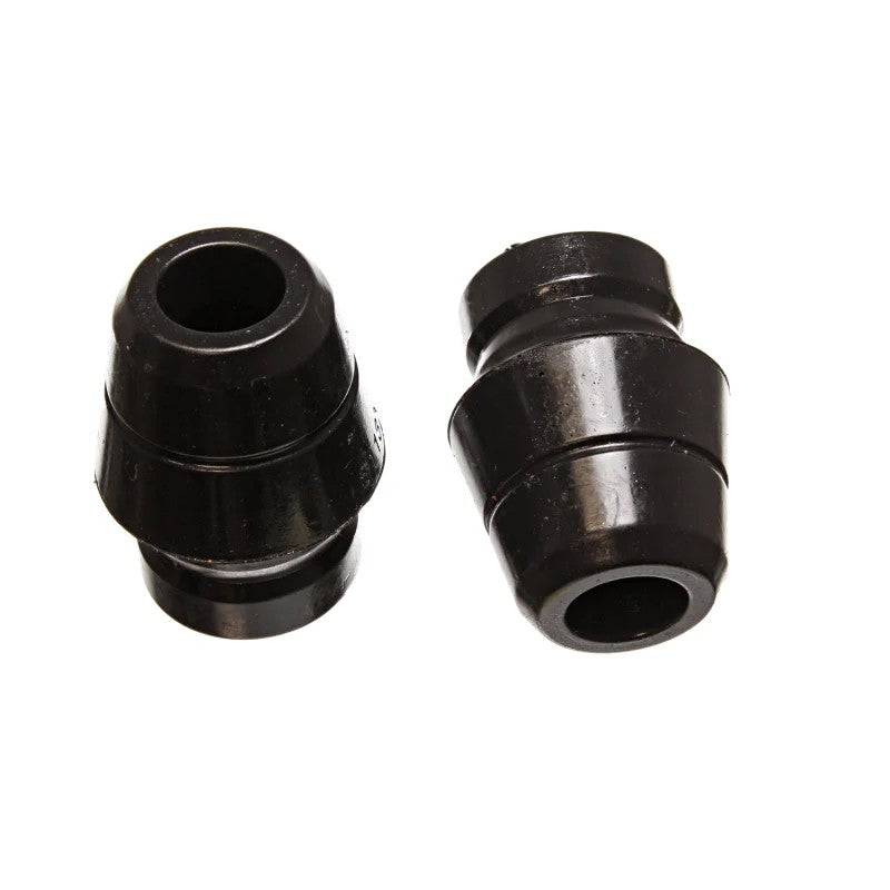 Pair of black Energy Suspension Hyper-Flex polyurethane front bump stops with integrated metal mounting plates.