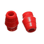 Two red bullet-style Energy Suspension Hyper-Flex polyurethane front bump stops for Jeep and Dodge Ram trucks.