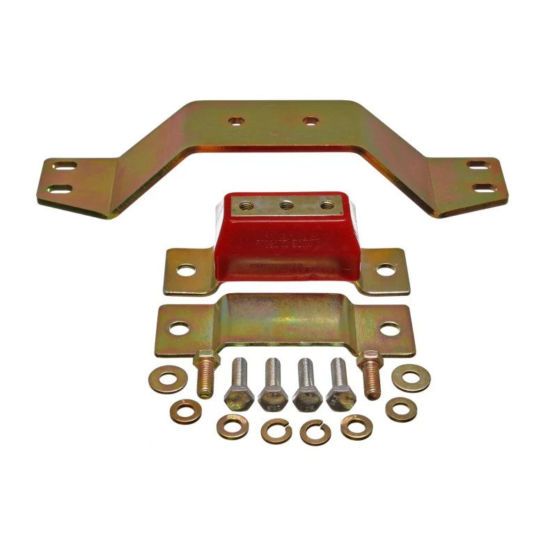 Red Energy Suspension Hyper-Flex polyurethane transmission mount with integrated safety interlock and hardware.