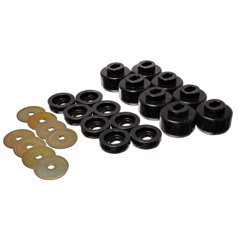 Black polyurethane body mount bushings from Energy Suspension Hyper-Flex kit 3.4150G