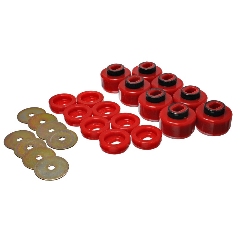 Energy Suspension 3.4150R Red Hyper-Flex Polyurethane cab mount bushing set for 1999-2006 Chevrolet and GMC trucks.