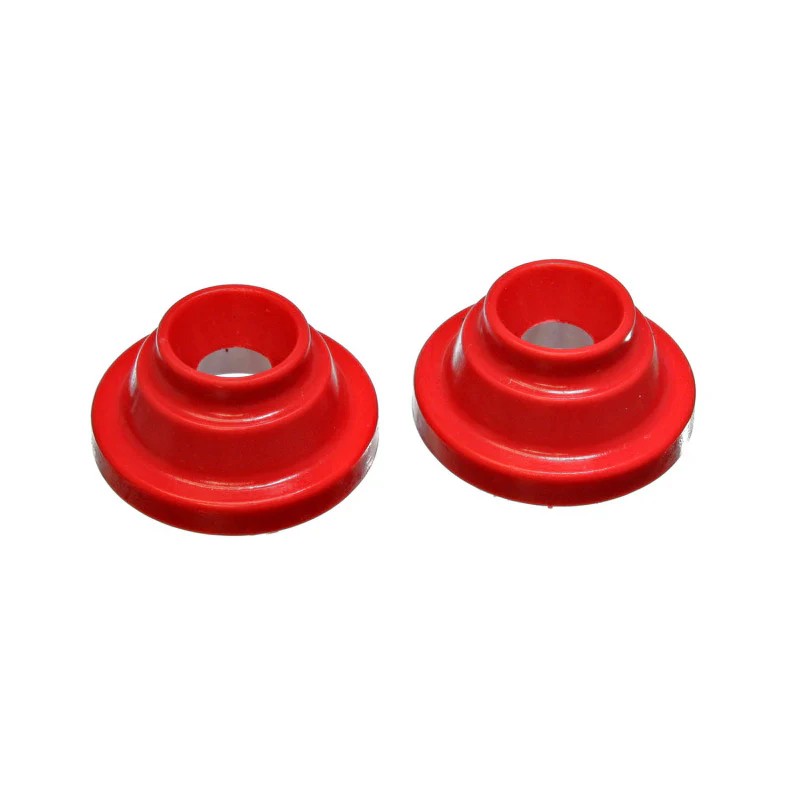 Two red polyurethane rear coil spring isolators for Volkswagen suspension