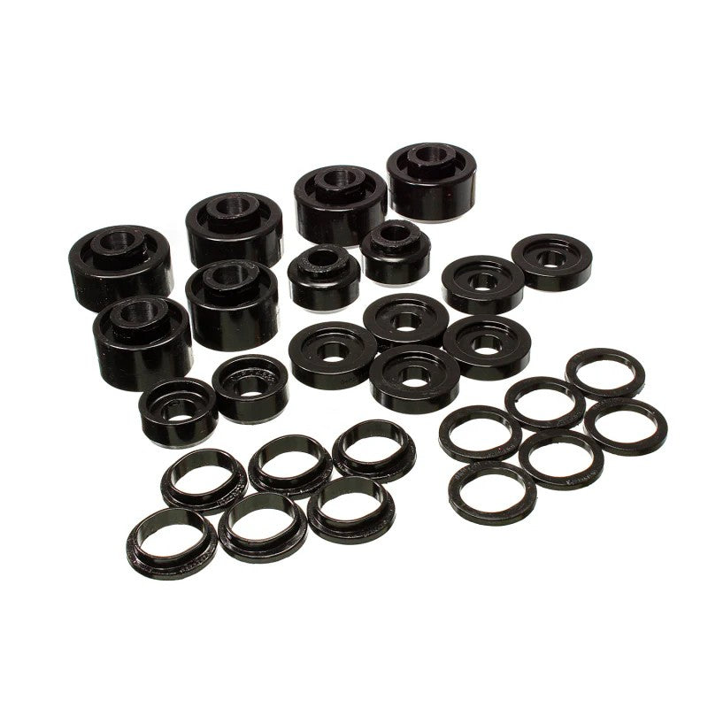 Black HYPER-Flex polyurethane body mount bushings with zinc-plated steel rings for Ford Super Duty Crew Cab trucks.