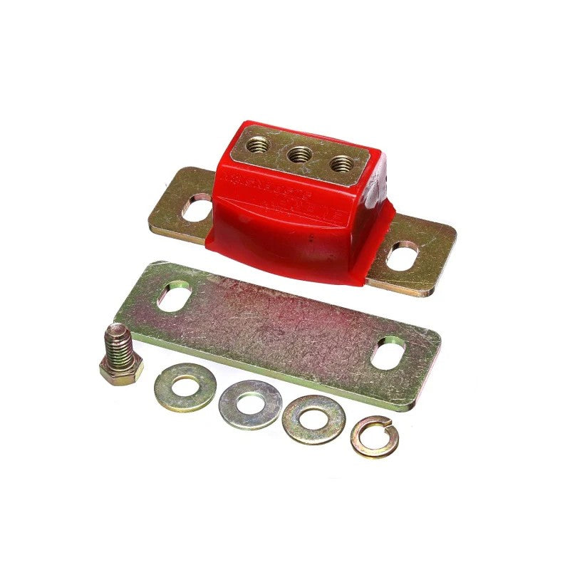 Red Energy Suspension Hyper-Flex polyurethane transmission mount with heavy-duty steel hardware and interlock design.