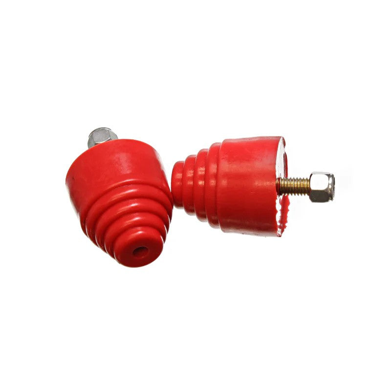 Pair of red bullet-shaped Hyper-Flex polyurethane bump stops with 2-1/8 inch height and 2 inch diameter.