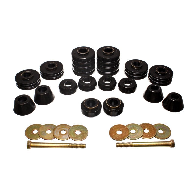 Black Energy Suspension Hyper-Flex polyurethane cab mount bushings with reinforced zinc-plated steel rings.