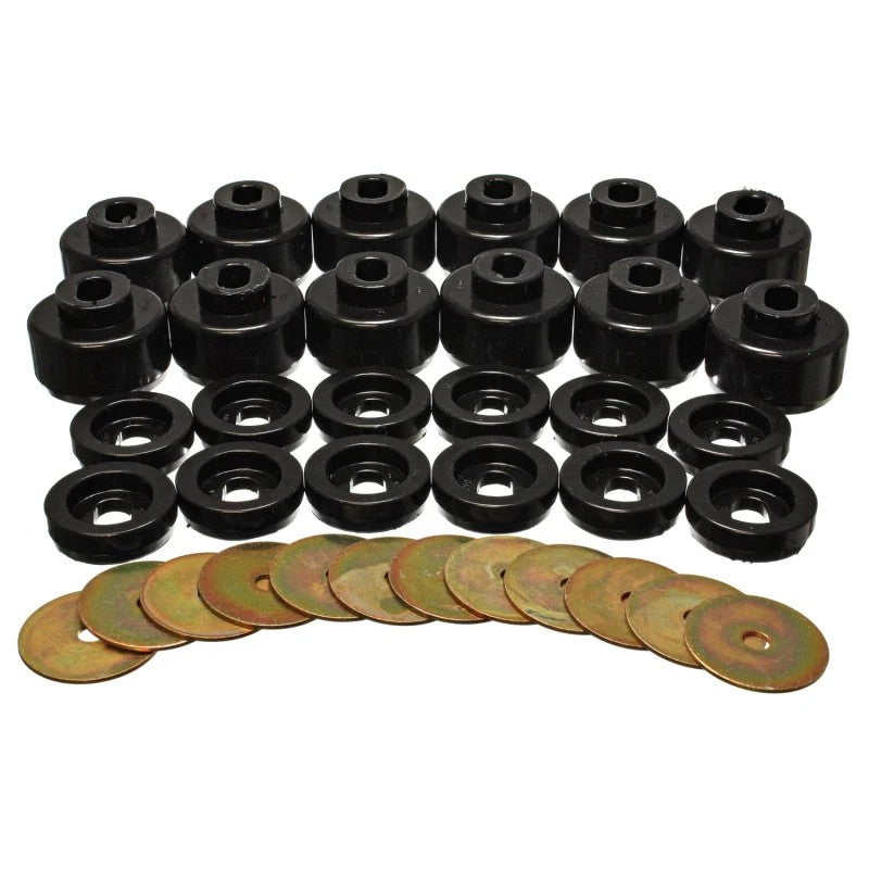 Black Energy Suspension Hyper-Flex polyurethane body mounts with integrated zinc-plated steel rings for GM trucks.