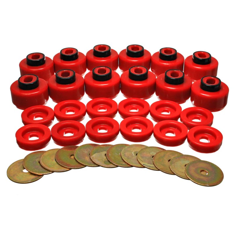 Red Energy Suspension Hyper-Flex polyurethane body mount set with zinc-plated steel rings