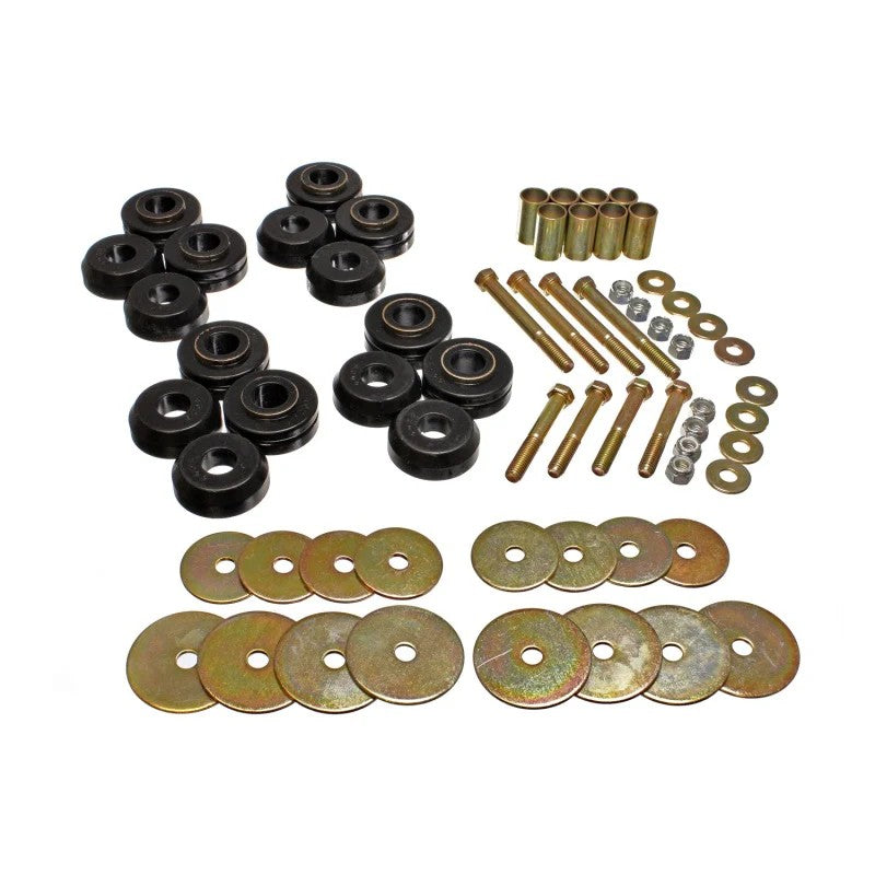 Black Energy Suspension Hyper-Flex polyurethane body mount bushings and zinc-plated hardware for 1966-1977 Ford Bronco.