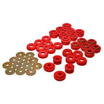 Red Energy Suspension Hyper-Flex polyurethane body mount bushings with zinc-plated steel rings for Chevrolet sedans.