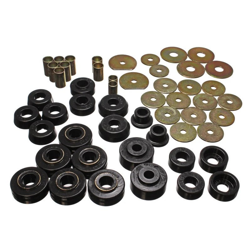 Energy Suspension 3.4138G black polyurethane body mount bushings and hardware for 1965-1970 Chevrolet full-size cars.