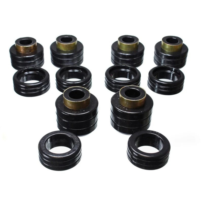 Energy Suspension black Hyper-Flex polyurethane body mount bushings with zinc-plated steel hardware for Chevy/GMC trucks.