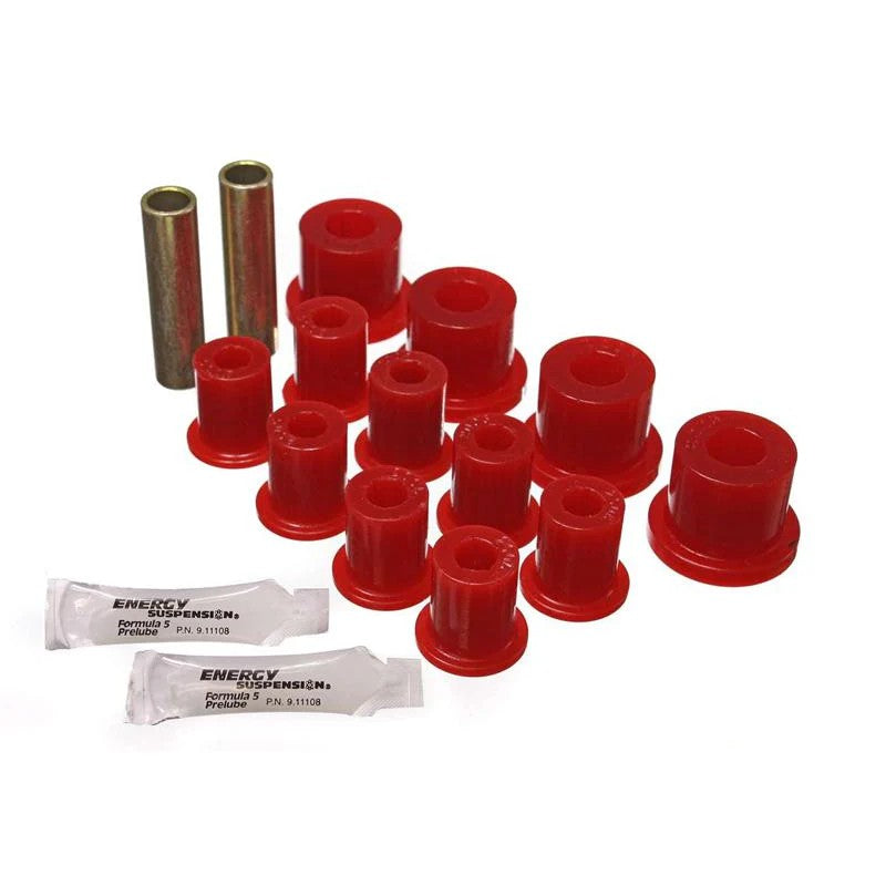 Red Energy Suspension Hyper-Flex polyurethane rear leaf spring bushings for 1976-1986 Jeep CJ models.