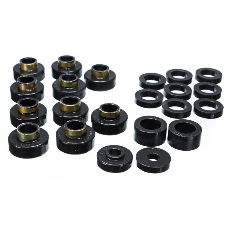 Black Energy Suspension Hyper-Flex polyurethane body mount bushings and hardware for 1980-1986 Jeep CJ5 and CJ7.