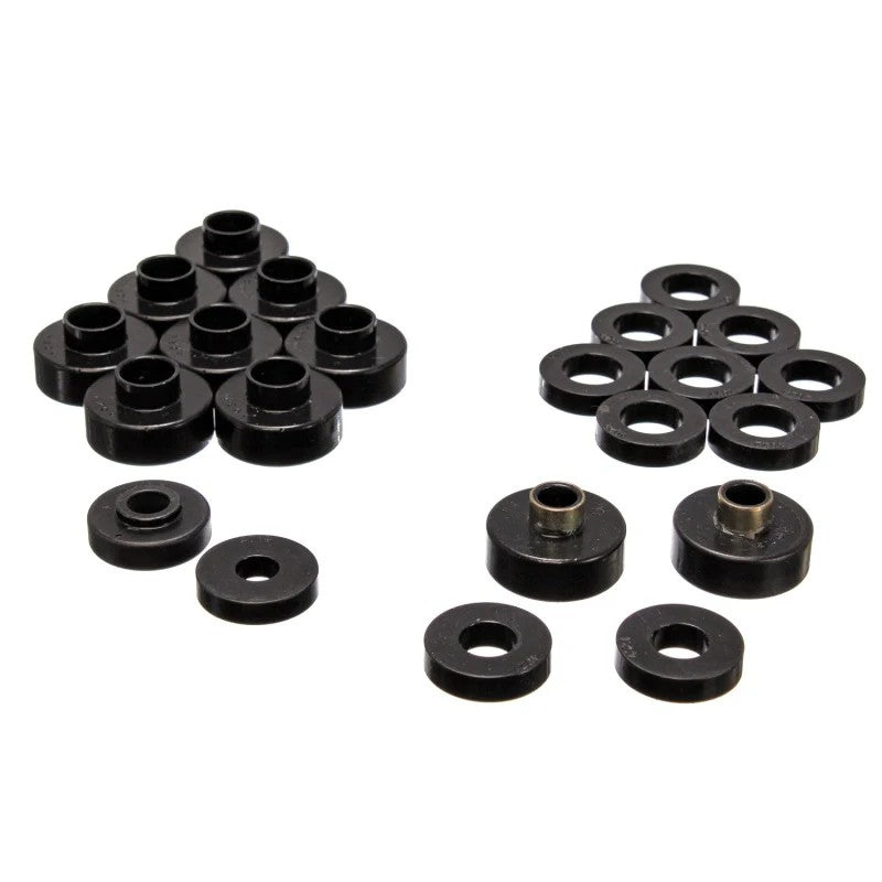 Energy Suspension black Hyper-Flex polyurethane body mount bushings and hardware for 1976-1979 Jeep CJ vehicles.