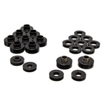 Energy Suspension black Hyper-Flex polyurethane body mount bushings and hardware for 1976-1979 Jeep CJ vehicles.
