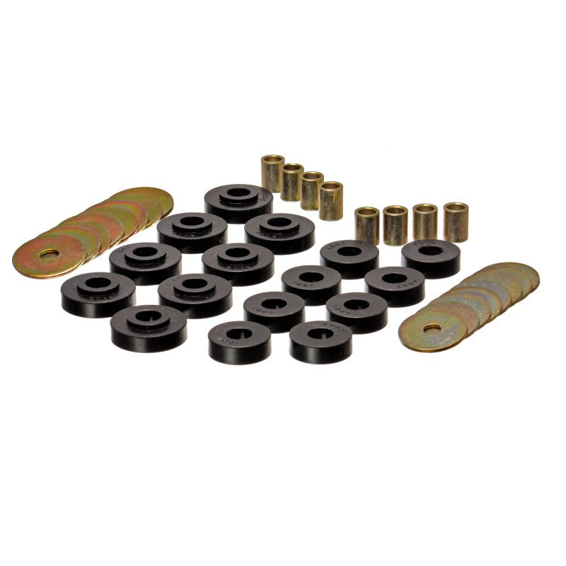 Energy Suspension black polyurethane body mount set with zinc-plated steel rings for 1963-1967 Chevrolet Corvette.