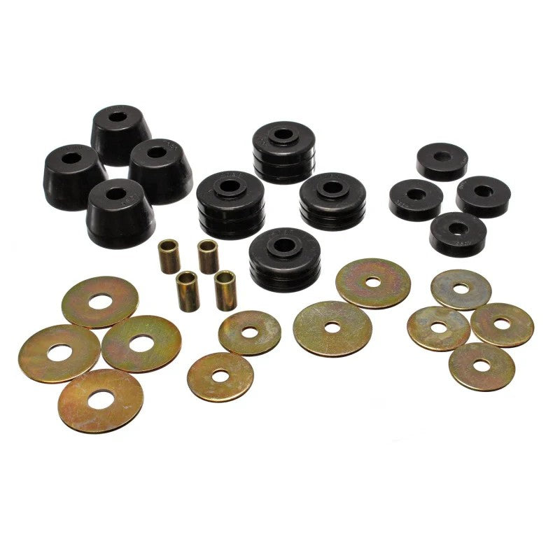 Black Energy Suspension Hyper-Flex polyurethane body mount bushings with zinc-plated steel rings.