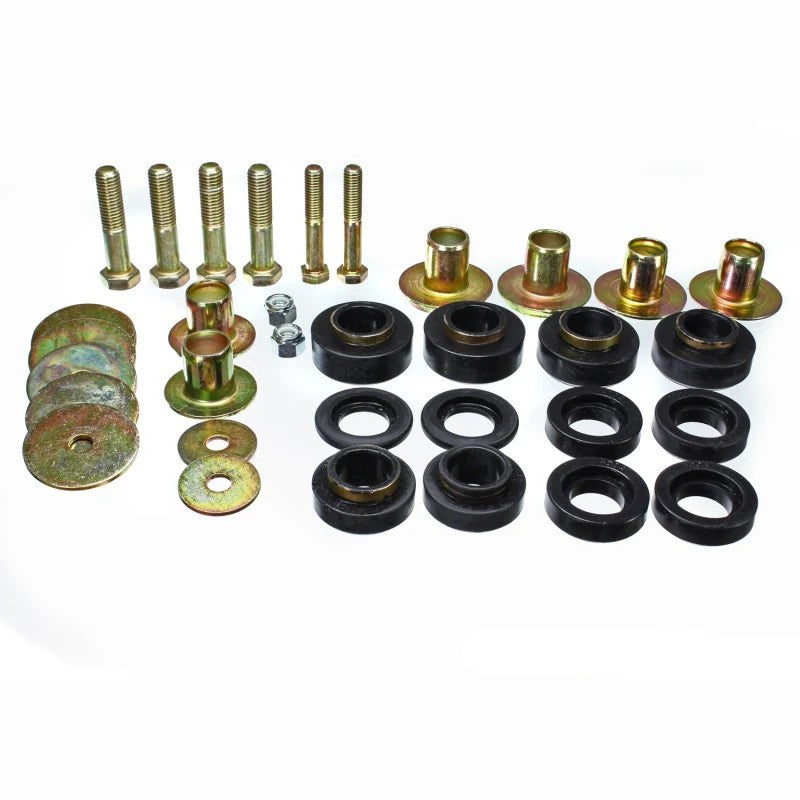 Black Energy Suspension Hyper-Flex polyurethane body mount bushings and hardware for 1976-1981 Pontiac Firebird.