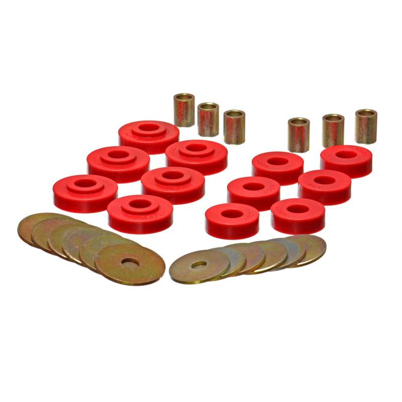 Energy Suspension red polyurethane body mount bushings and hardware for 1963-1969 Chevrolet Corvette.
