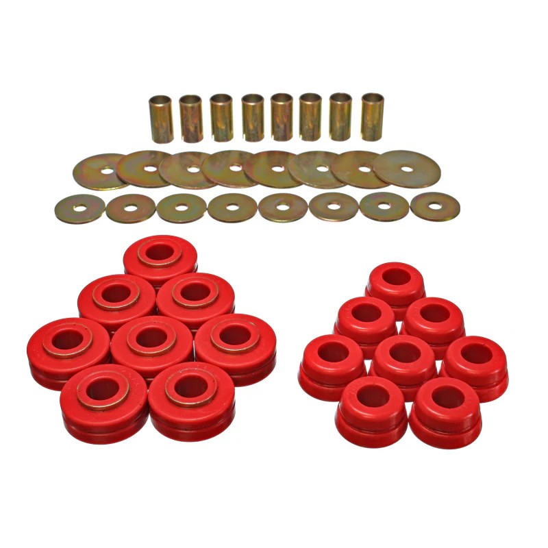 Red Energy Suspension Hyper-Flex polyurethane body mount bushings and zinc-plated steel rings for International Scout II.