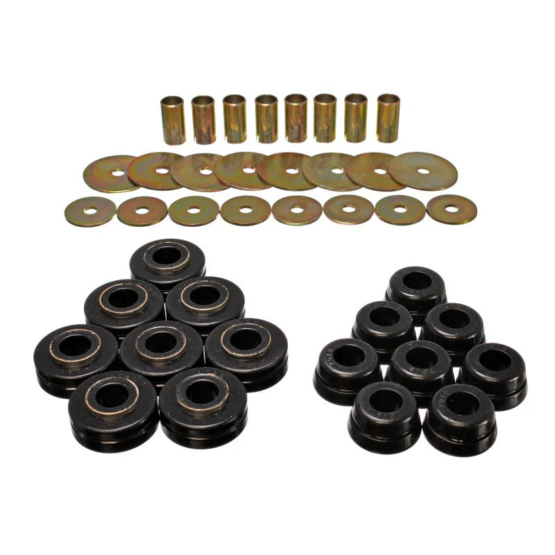 Black polyurethane body mount bushing set with steel rings for 1972-1980 International Scout II.