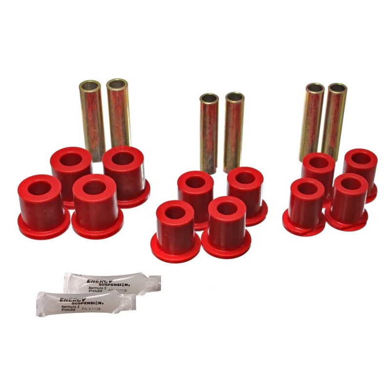 Red Energy Suspension Hyper-Flex polyurethane spring bushings for 1980-1996 Ford trucks and Bronco.
