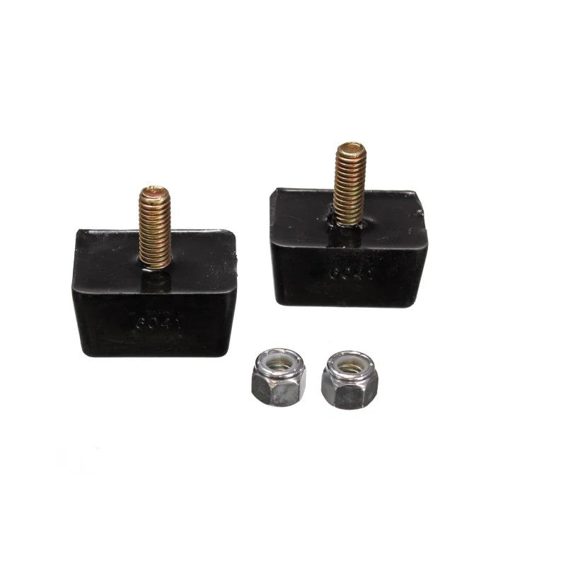 Two black Energy Suspension Hyper-Flex low profile rectangular polyurethane bump stops with integrated mounting studs