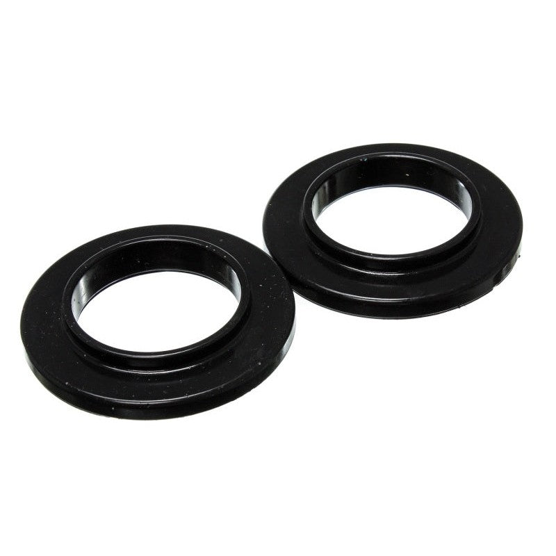 Two black Energy Suspension Hyper-Flex polyurethane coil spring isolators with 2.75 inch inside diameter.