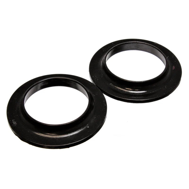 Pair of black Energy Suspension Hyper-Flex polyurethane coil spring isolators showing 3-3/4 inch inner diameter.