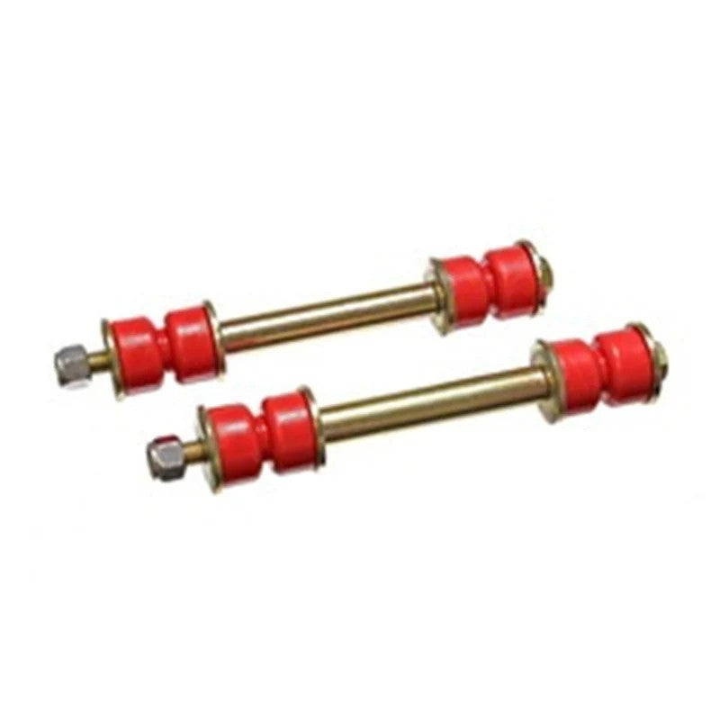 Red polyurethane sway bar end links with zinc-plated hardware and 3-9/16 inch sleeves.