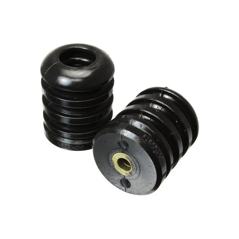 Black polyurethane progressive rate bump stop with a threaded mounting stud.