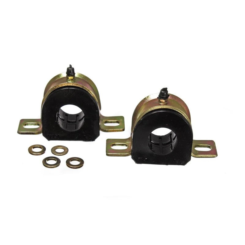 Energy Suspension black 35mm polyurethane greaseable sway bar bushings with zinc-plated metal brackets and zerk fittings.