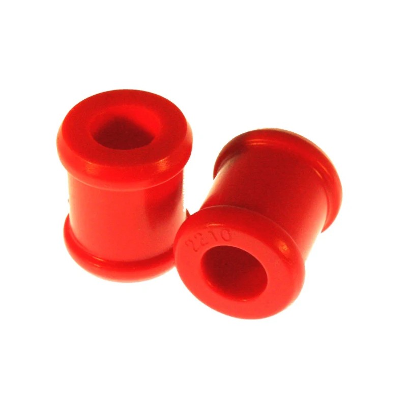 A pair of Energy Suspension 9.8140R red polyurethane shock bushings for standard 3/4 inch straight eye mounts.