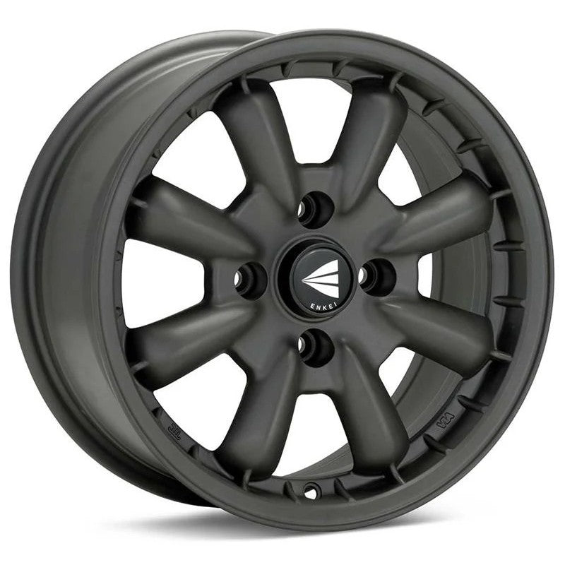 Enkei Compe 15x8 eight-spoke wheel in matte gunmetal finish with a 0mm offset.