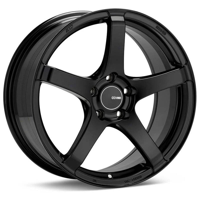 Enkei Kojin matte black 5-spoke wheel with concave face and flow-formed barrel