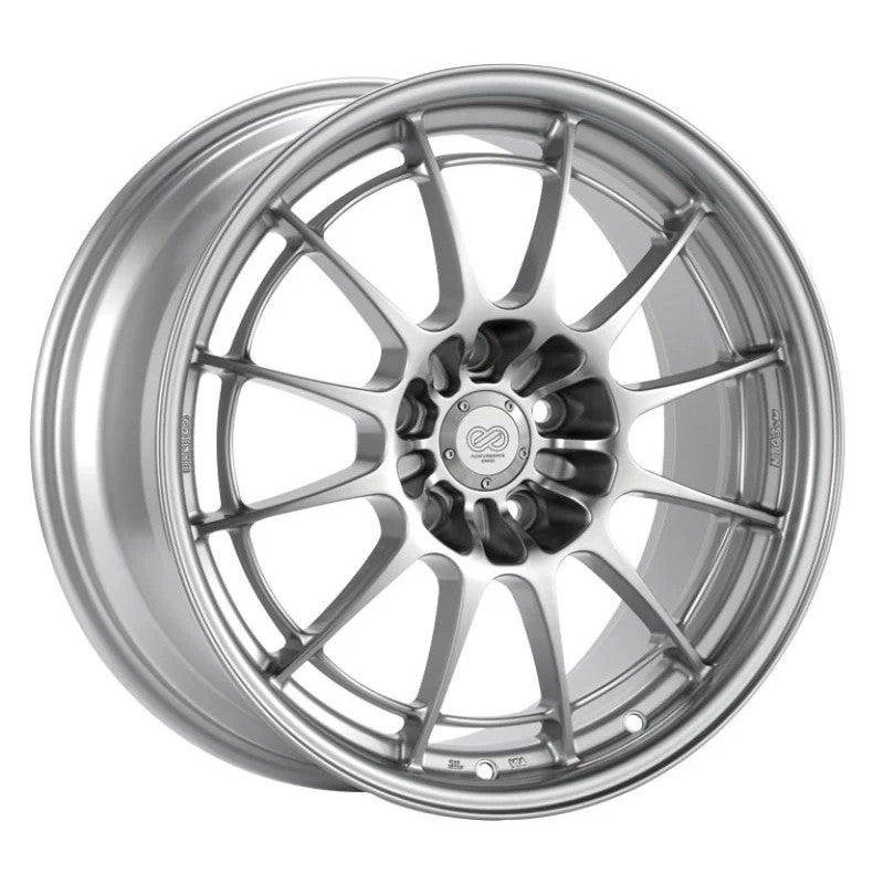 Silver Enkei NT03+M racing wheel 18x9.5 with signature perimeter brace ring and 5x100 bolt pattern