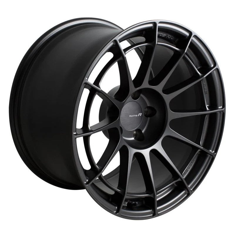 Enkei NT03RR multi-spoke wheel in gunmetal finish featuring a perimeter reinforcement ring