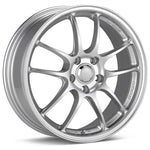 Enkei PF01 silver racing wheel featuring a split five-spoke design in 18x9.5 with 5x114.3 bolt pattern