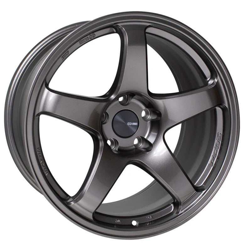 Enkei PF05 five-spoke performance wheel in Dark Silver finish, 17x8 size with 5x114.3 bolt pattern.
